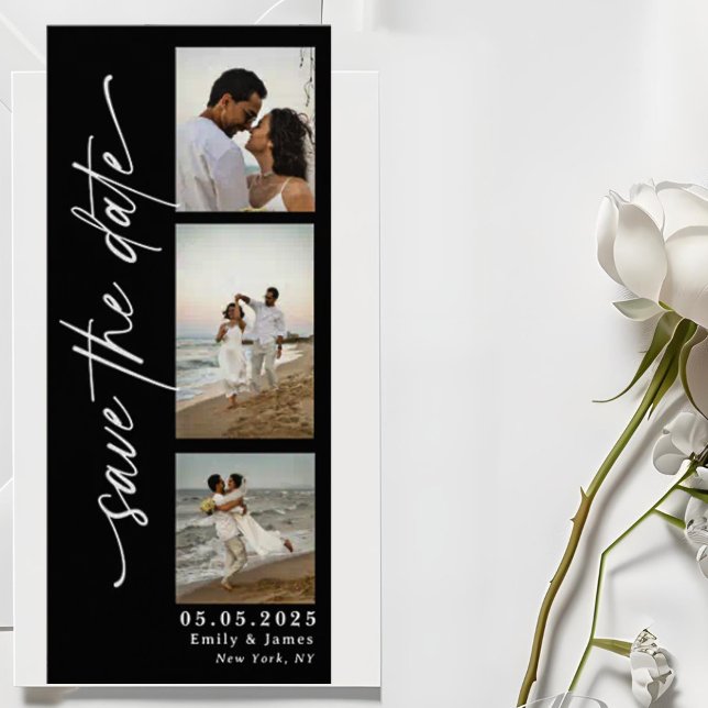 Classic Vertical Script Photo Strip Wedding  Save The Date (Creator Uploaded)