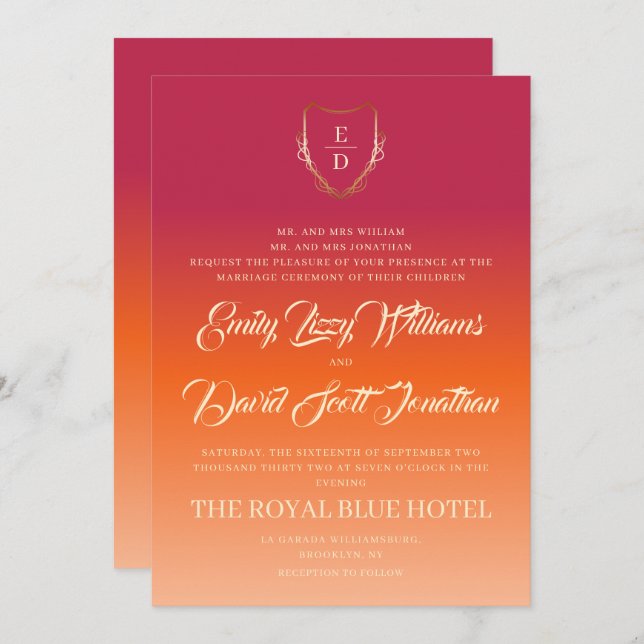 Classic Vibrant Summer Wedding Burgundy Orange Invitation (Front/Back)