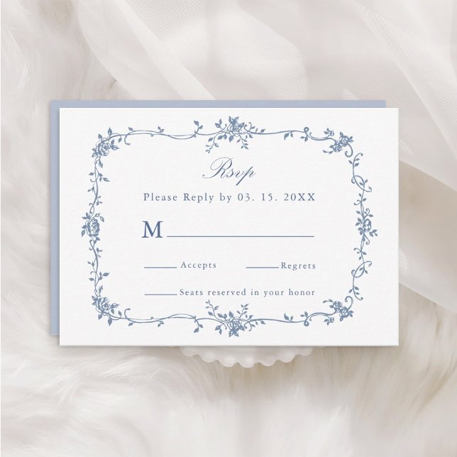 Classic Victorian Blue Floral Frame Wedding RSVP Card (Creator Uploaded)