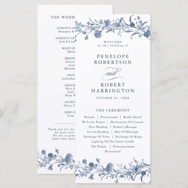 Classic Victorian Blue French Garden Chic Wedding Program (Front/Back)