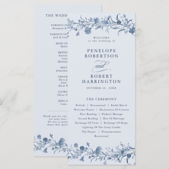 Classic Victorian Blue French Garden Chic Wedding Program (Front/Back)