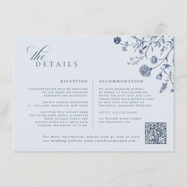 Classic Victorian Blue French QR Code Wedding Enclosure Card (Front)