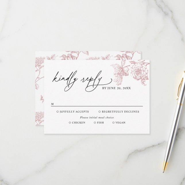 Classic Victorian Floral Meal Options Wedding RSVP Card (Front/Back In Situ)
