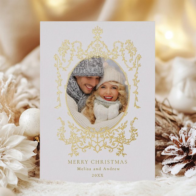  Classic Victorian Frame Christmas Photo Gold Foil Holiday Card (Creator Uploaded)