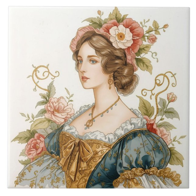 Classic, Victorian, Princess with Beautiful Roses Ceramic Tile (Front)