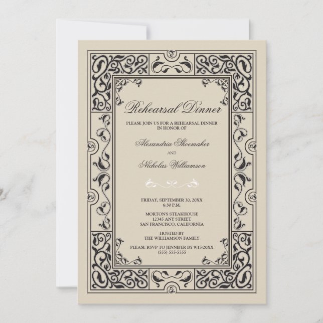 Classic Vignette Rehearsal Dinner Invite (black) (Front)