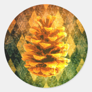 Classic vintage argyle pinecone rustic gold green  classic round sticker