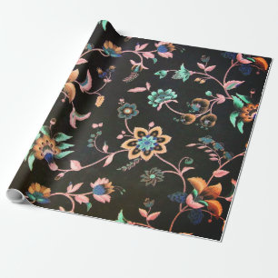 Classic vintage black pink green bohemian floral wrapping paper
