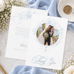 Classic Vintage Blue Floral Wreath Wedding Photo Thank You Card