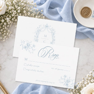 Classic Vintage Blue Floral Wreath Wedding RSVP Card