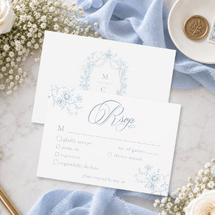 Classic Vintage Blue Floral Wreath Wedding RSVP Card
