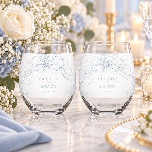 Classic Vintage Blue Floral Wreath Wedding Stemless Wine Glass
