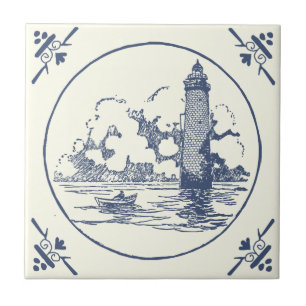 Classic Vintage Blue Sea Boat Lighthouse on Ivory Ceramic Tile