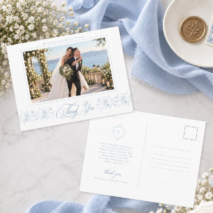 Classic Vintage Blue Wedding Photo Thank You Postcard
