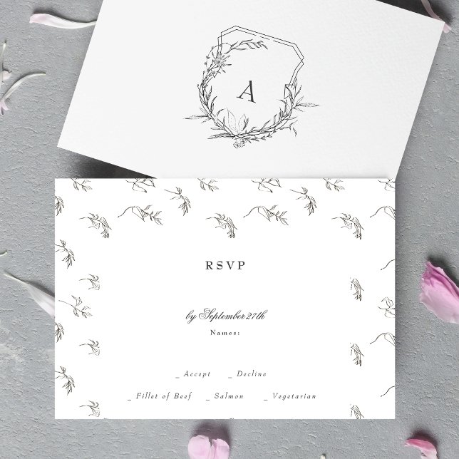 classic vintage botanical monogram crest wedding RSVP card (Creator Uploaded)