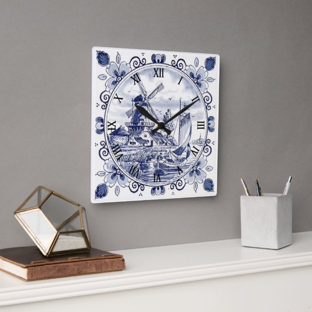 Classic Vintage Chic Dutch Windmill Delft Blue Square Wall Clock (Office)