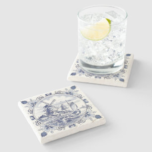 Classic Vintage Chic Dutch Windmill Delft Blue Stone Coaster