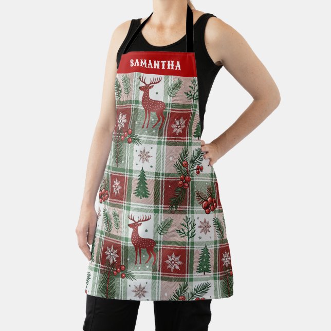  Classic Vintage Christmas Plaid & Holly Pattern Apron (Insitu)