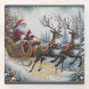 Classic/Vintage Christmas Santa & reindeer  Glass Coaster