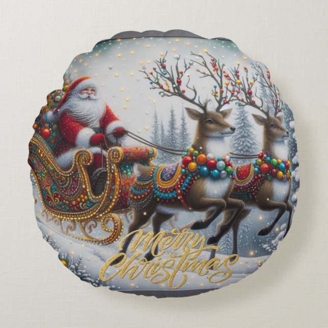 Classic/Vintage Christmas Santa & reindeer  Round Cushion (Front)