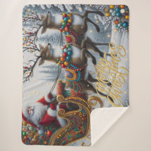 Classic/Vintage Christmas Santa & reindeer Sherpa Blanket