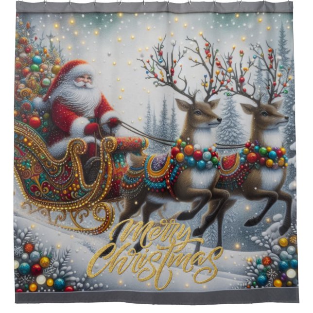 Classic/Vintage Christmas Santa & reindeer  Shower Curtain (Front)