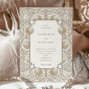 Classic Vintage Cream & Gold Floral Wedding Invitation