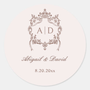 Classic Vintage Crest Wedding Monograms Round Sticker