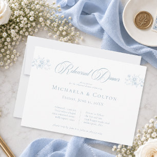 Classic Vintage Dusty Blue Floral Wreath Rehearsal Invitation