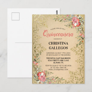 Classic Vintage Gold Pink Floral Quinceanera Postcard