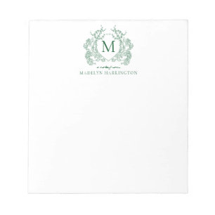 Classic Vintage Green Floral Crest Monogram Notepad