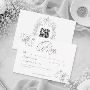 Classic Vintage Grey Blac Floral Wreath Wedding QR RSVP Card