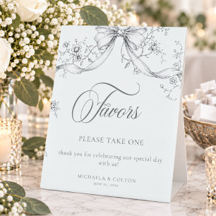 Classic Vintage Grey Black Floral Wedding Favours Pedestal Sign