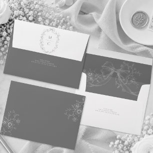 Classic Vintage Grey Black Floral Wreath Wedding Envelope