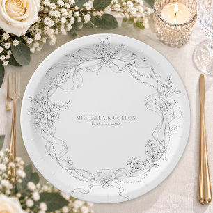 Classic Vintage Grey Black Floral Wreath Wedding Paper Plate
