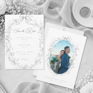 Classic Vintage Grey Black Wreath Photo Save Date Save The Date