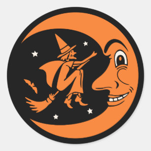 Classic Vintage Halloween Moon and Witch Round Sticker