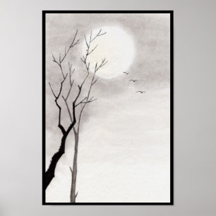 Classic vintage japanese night moon scenery sumi-e poster
