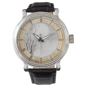 Classic vintage japanese night moon scenery sumi-e watch