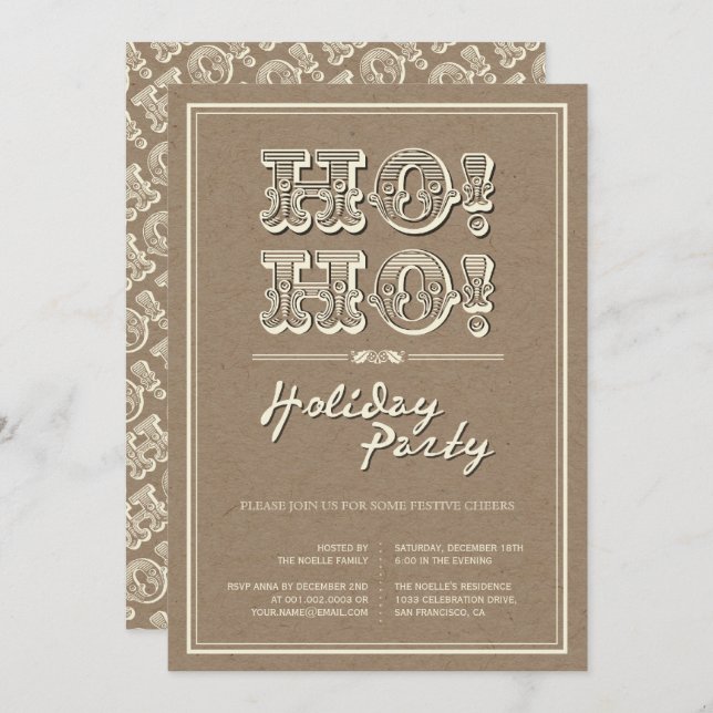 Classic Vintage Kraft HO! HO! Holiday Party Invite (Front/Back)