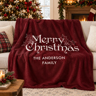 Classic Vintage Merry Christmas Script Red Velvet Fleece Blanket