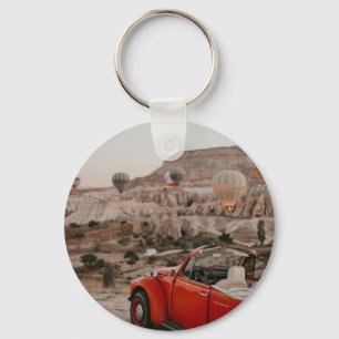 Classic Vintage Red Car Watching Hot Air Balloons Key Ring