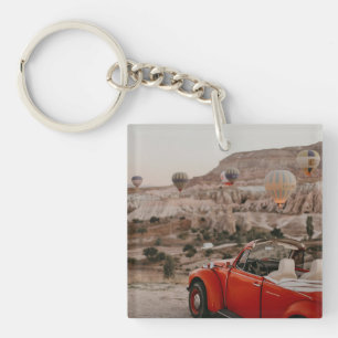 Classic Vintage Red Car Watching Hot Air Balloons  Key Ring