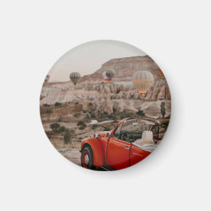 Classic Vintage Red Car Watching Hot Air Balloons Magnet
