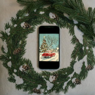 Classic Vintage Red Car Xmas Tree Village Holiday Card