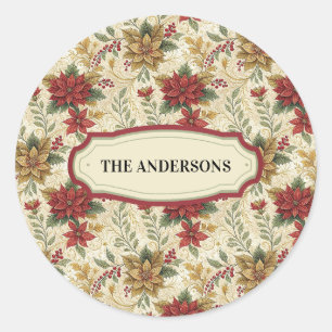 Classic Vintage Red & Gold Poinsettia Floral Round Sticker