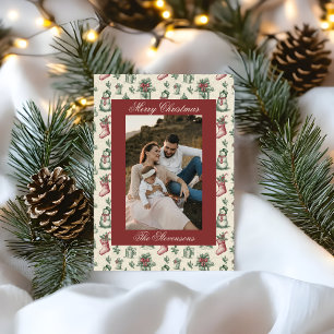 Classic Vintage Red Toile De Jouy Photo Christmas Holiday Card