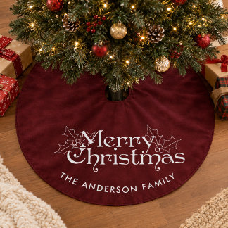 Classic Vintage Red Velvet Merry Christmas & Name Brushed Polyester Tree Skirt