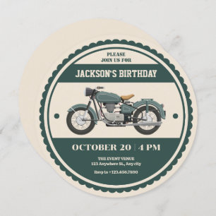 Classic vintage retro green motorcycle birthday invitation