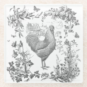 Classic Vintage Rooster Grey Floral Toile  Glass Coaster